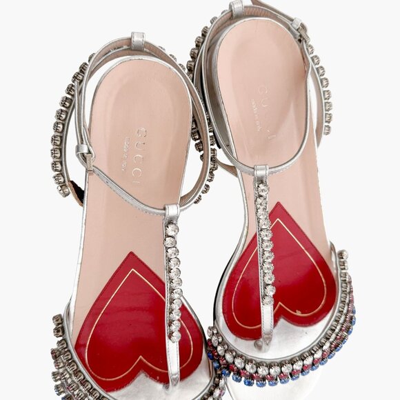 Gucci Bertie Crystal T-Strap Flat Sandals EU 37.5 US 7.5 Silver Red White Blue - Picture 4 of 13